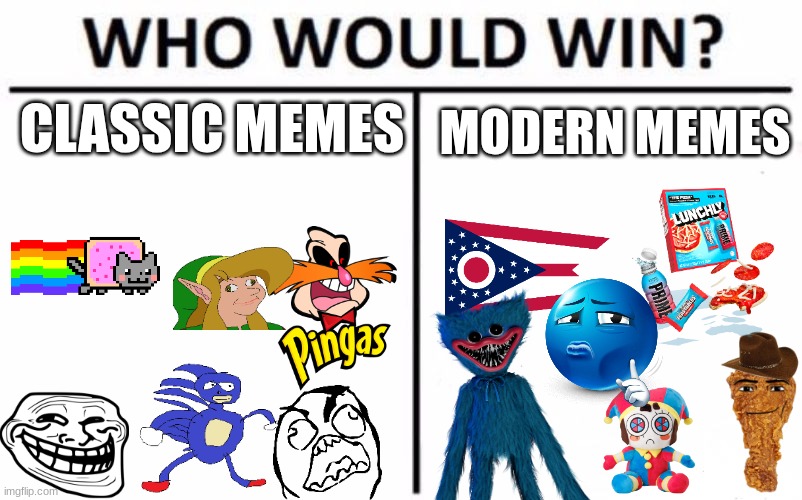 Classic Memes vs Modern Memes | CLASSIC MEMES; MODERN MEMES | image tagged in memes,who would win | made w/ Imgflip meme maker