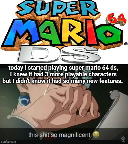 I have been playing sm64 since 2019 and discovered this only 6 years later. | today I started playing super mario 64 ds,
I knew it had 3 more playable characters but I didn't know it had so many new features. | image tagged in this shit so magnificent | made w/ Imgflip meme maker