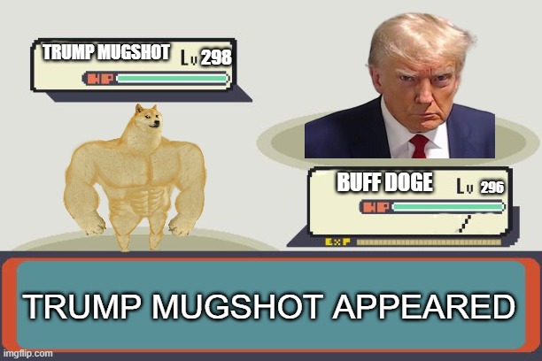 Doge vs Trump | TRUMP MUGSHOT; 298; BUFF DOGE; 296; TRUMP MUGSHOT APPEARED | image tagged in pokemon battle,memes,funny memes,trending | made w/ Imgflip meme maker