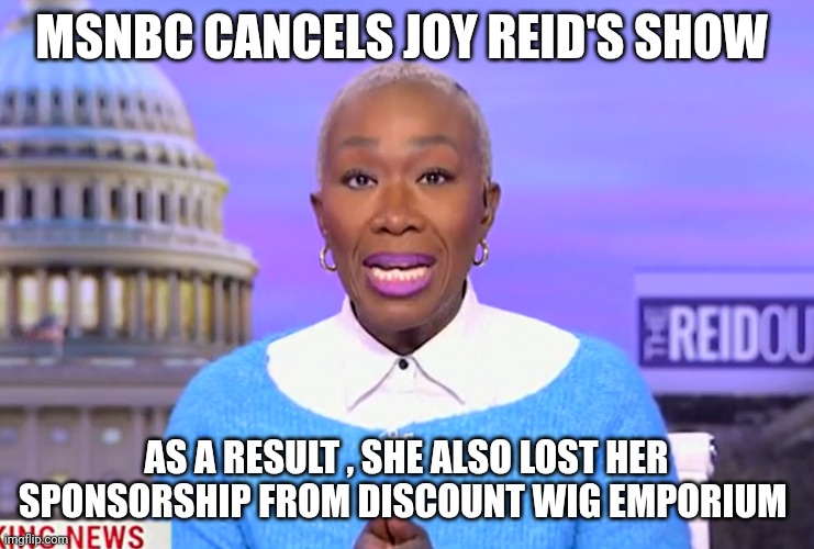 joy Reid meme | MSNBC CANCELS JOY REID'S SHOW; AS A RESULT , SHE ALSO LOST HER SPONSORSHIP FROM DISCOUNT WIG EMPORIUM | image tagged in msnbc | made w/ Imgflip meme maker