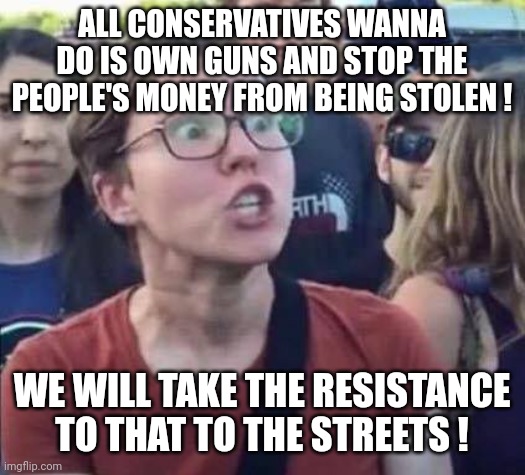 Angry Liberal | ALL CONSERVATIVES WANNA DO IS OWN GUNS AND STOP THE PEOPLE'S MONEY FROM BEING STOLEN ! WE WILL TAKE THE RESISTANCE TO THAT TO THE STREETS ! | image tagged in angry liberal | made w/ Imgflip meme maker