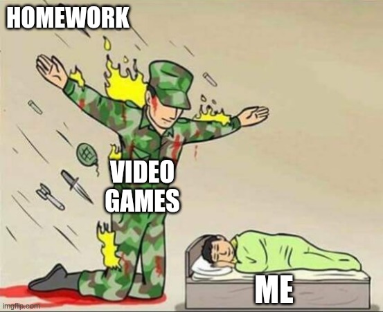 it's all true | HOMEWORK; VIDEO GAMES; ME | image tagged in soldier protecting sleeping child,yas | made w/ Imgflip meme maker