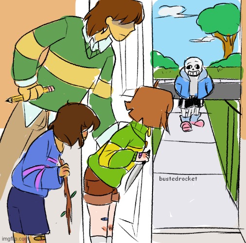 Genocide players in a nutshell | image tagged in kris frisk and chara getting ready to kill sans | made w/ Imgflip meme maker