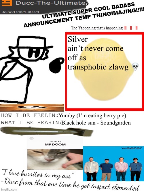 DTU's ULTIMATE SUPER COOL BADASS ANNOUNCEMENT TEMP THINGIMAJING! | Silver ain’t never come off as transphobic zlawg 💀; Yumby (I’m eating berry pie); Black hole sun - Soundgarden | image tagged in dtu's ultimate super cool badass announcement temp thingimajing | made w/ Imgflip meme maker