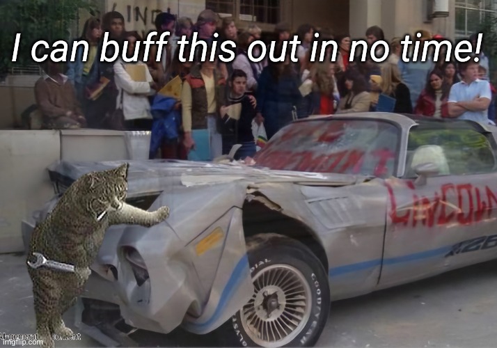 Rex the Cat Mechanic! | I can buff this out in no time! | image tagged in rex the cat,cat,car wreck,fix,fast times at ridgemont high,funny cat | made w/ Imgflip meme maker