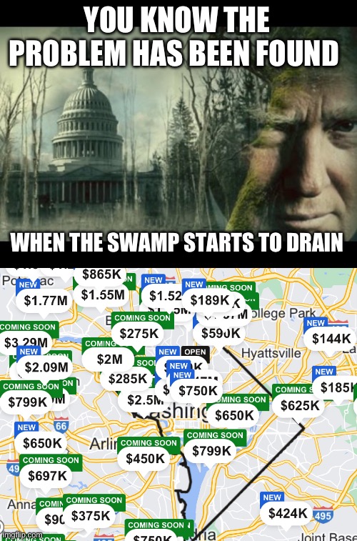 Swamp Front Listings | YOU KNOW THE PROBLEM HAS BEEN FOUND; WHEN THE SWAMP STARTS TO DRAIN | image tagged in drain the swamp,d c for sale,real estate | made w/ Imgflip meme maker