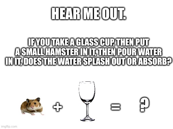 HEAR ME OUT. IF YOU TAKE A GLASS CUP, THEN PUT A SMALL HAMSTER IN IT, THEN POUR WATER IN IT, DOES THE WATER SPLASH OUT OR ABSORB? ? +; = | image tagged in memes,funny,animals,random,cute,words of wisdom | made w/ Imgflip meme maker