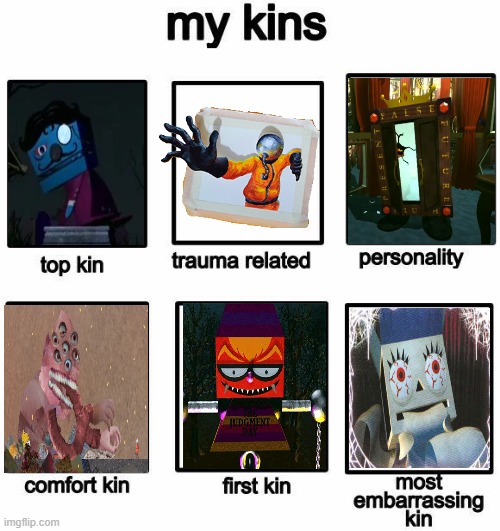 im laughing over how 2/3 of them is from Gregory Horror Show | image tagged in kin | made w/ Imgflip meme maker