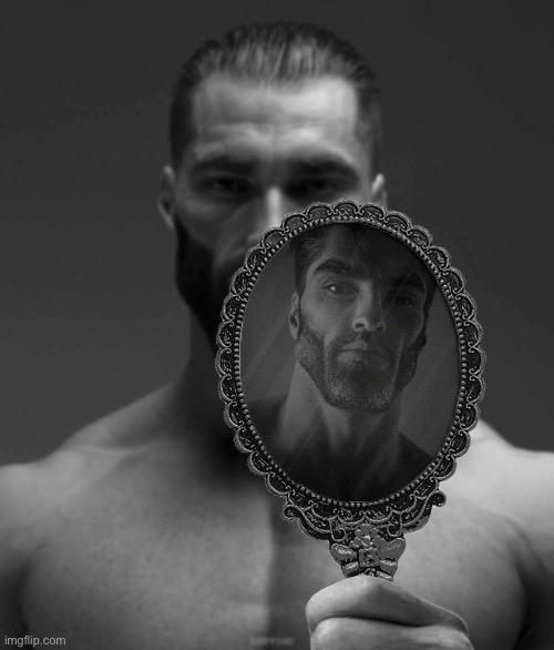 Giga Chad shows Giga Chad a mirror | image tagged in giga chad shows giga chad a mirror | made w/ Imgflip meme maker