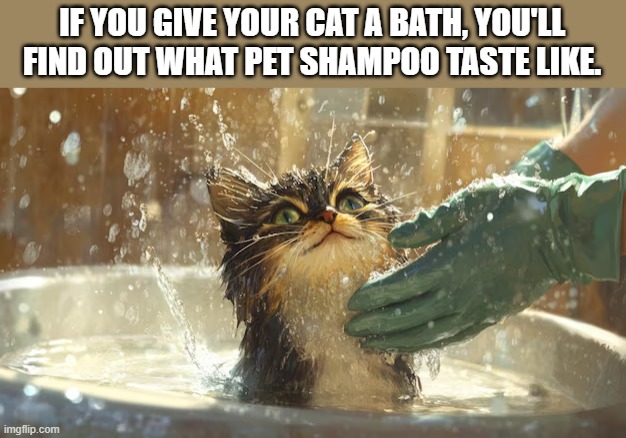 memes by Brad - Give a cat a bath and learn what pet shampoo taste like - humor - | IF YOU GIVE YOUR CAT A BATH, YOU'LL FIND OUT WHAT PET SHAMPOO TASTE LIKE. | image tagged in cats,funny,kittens,bath,humor,shampoo | made w/ Imgflip meme maker