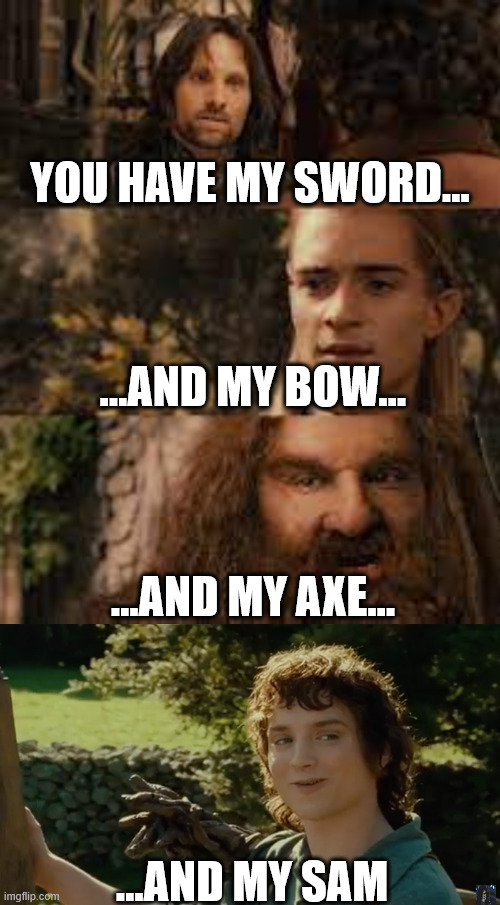 You have my Sam | YOU HAVE MY SWORD... …AND MY BOW…; …AND MY AXE…; …AND MY SAM | image tagged in you have my sword and you have my bow and my axe | made w/ Imgflip meme maker