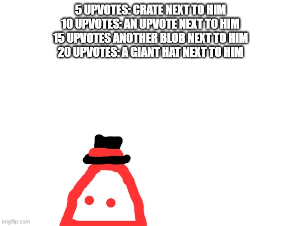 5 UPVOTES: CRATE NEXT TO HIM
10 UPVOTES: AN UPVOTE NEXT TO HIM
15 UPVOTES ANOTHER BLOB NEXT TO HIM
20 UPVOTES: A GIANT HAT NEXT TO HIM | made w/ Imgflip meme maker