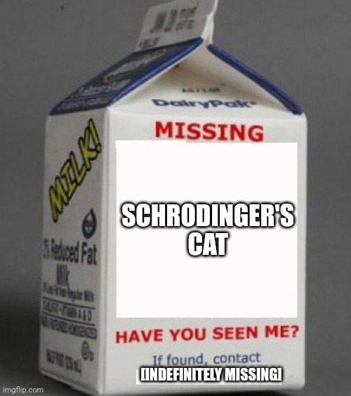 Milk carton | SCHRODINGER'S CAT; [INDEFINITELY MISSING] | image tagged in milk carton | made w/ Imgflip meme maker