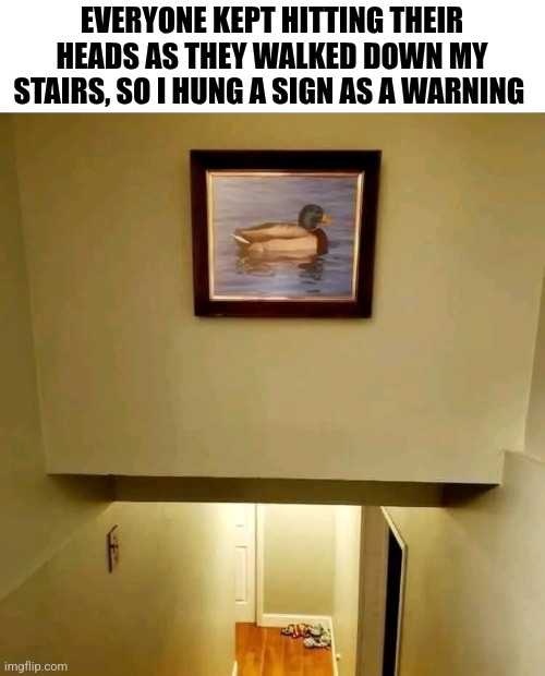 Everyone Kept Hitting Their Heads As They Walked Down My Stairs, So I Hung This Sign As A Warning | EVERYONE KEPT HITTING THEIR HEADS AS THEY WALKED DOWN MY STAIRS, SO I HUNG A SIGN AS A WARNING | image tagged in chris joines | made w/ Imgflip meme maker