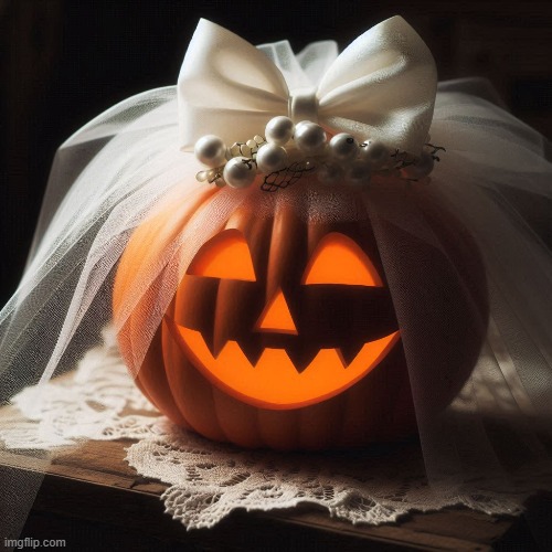 The pumpkin bride | image tagged in pumpkin,jack-o-lanterns,veil,wedding,bow,smiling | made w/ Imgflip meme maker