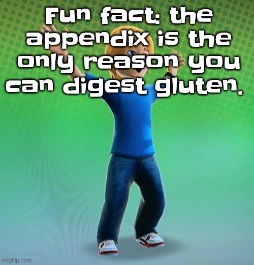 Fucked up mii | Fun fact: the appendix is the only reason you can digest gluten. | image tagged in fucked up mii | made w/ Imgflip meme maker