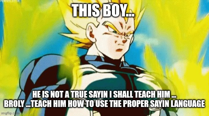 Mad Vegeta | THIS BOY... HE IS NOT A TRUE SAYIN I SHALL TEACH HIM ... BROLY ...TEACH HIM HOW TO USE THE PROPER SAYIN LANGUAGE | image tagged in mad vegeta | made w/ Imgflip meme maker