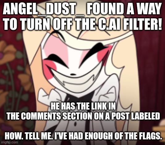 I strongly advise you to follow him and like his post? | ANGEL_DUST_ FOUND A WAY TO TURN OFF THE C.AI FILTER! HE HAS THE LINK IN THE COMMENTS SECTION ON A POST LABELED
 
HOW. TELL ME. I'VE HAD ENOUGH OF THE FLAGS. | image tagged in hazbin hotel,hh,charlie morningstar,c ai,character ai | made w/ Imgflip meme maker