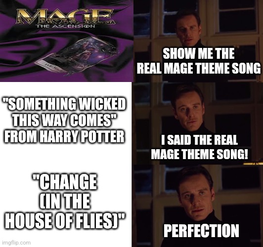 It's like, the first song if M:TA had a soundtrack | SHOW ME THE REAL MAGE THEME SONG; "SOMETHING WICKED THIS WAY COMES" FROM HARRY POTTER; I SAID THE REAL MAGE THEME SONG! "CHANGE (IN THE HOUSE OF FLIES)"; PERFECTION | image tagged in perfection | made w/ Imgflip meme maker