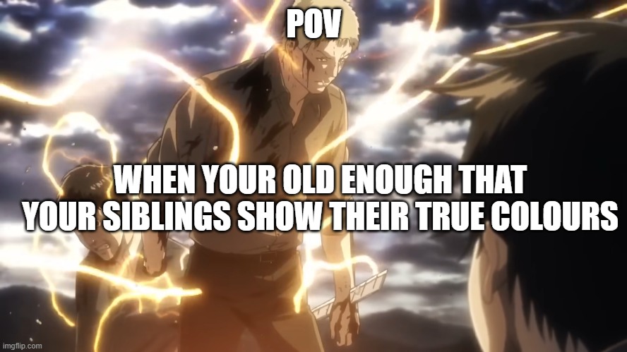 True Colours | POV; WHEN YOUR OLD ENOUGH THAT YOUR SIBLINGS SHOW THEIR TRUE COLOURS | image tagged in fun,true,attack on titan | made w/ Imgflip meme maker