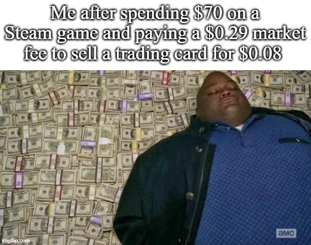 huell money | Me after spending $70 on a Steam game and paying a $0.29 market fee to sell a trading card for $0.08 | image tagged in huell money | made w/ Imgflip meme maker