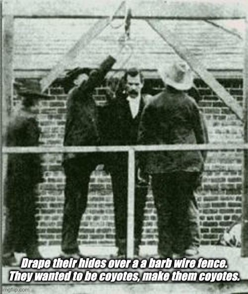 Outlaw Blackjack Tom Ketchem hanging | Drape their hides over a a barb wire fence. They wanted to be coyotes, make them coyotes. | image tagged in outlaw blackjack tom ketchem hanging | made w/ Imgflip meme maker