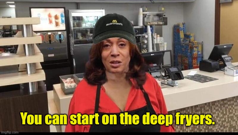 Hobama workin at McDonalds | You can start on the deep fryers. | image tagged in hobama workin at mcdonalds | made w/ Imgflip meme maker