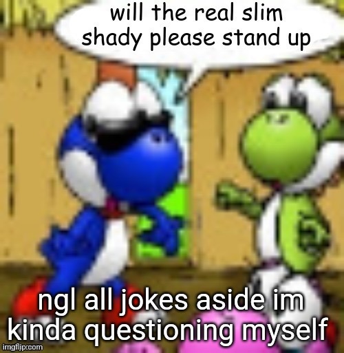 will the real slim shady please stand up | ngl all jokes aside im kinda questioning myself | image tagged in will the real slim shady please stand up | made w/ Imgflip meme maker