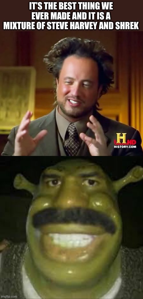 IT’S THE BEST THING WE EVER MADE AND IT IS A MIXTURE OF STEVE HARVEY AND SHREK | image tagged in memes,ancient aliens | made w/ Imgflip meme maker