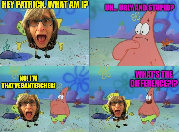 Her Personality Is Ugly | HEY PATRICK, WHAT AM I? UH... UGLY AND STUPID? WHAT'S THE DIFFERENCE?!? NO! I'M THATVEGANTEACHER! | image tagged in hey patrick what am i now,that vegan teacher,ugly,stupid | made w/ Imgflip meme maker