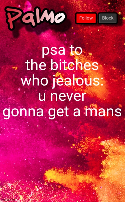 follow me pls | psa to the bitches who jealous: u never gonna get a mans | image tagged in follow me pls | made w/ Imgflip meme maker