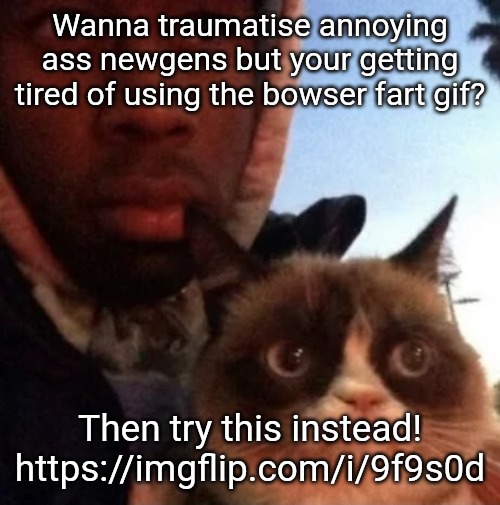 tyler the creator and grumpy cat | Wanna traumatise annoying ass newgens but your getting tired of using the bowser fart gif? Then try this instead!
https://imgflip.com/i/9f9s0d | image tagged in tyler the creator and grumpy cat | made w/ Imgflip meme maker