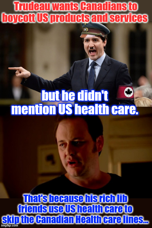 Canada deserves their dictator Trudeau | Trudeau wants Canadians to boycott US products and services; but he didn't mention US health care. That's because his rich lib friends use US health care to skip the Canadian Health care lines... | image tagged in jake from state farm,rich canadians use us health care,skip canadian social medicine waiting lines,dictator trudeau | made w/ Imgflip meme maker