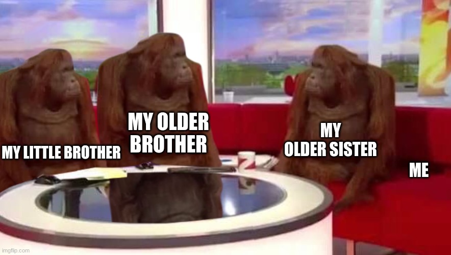 siblings...am i right | MY OLDER SISTER; MY OLDER BROTHER; MY LITTLE BROTHER; ME | image tagged in where monkey | made w/ Imgflip meme maker