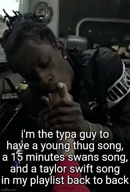 i'm SO different BBBBB)))) | i'm the typa guy to have a young thug song, a 15 minutes swans song, and a taylor swift song in my playlist back to back | image tagged in thugger | made w/ Imgflip meme maker