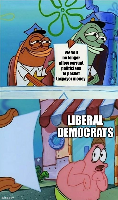 patrick scared | We will no longer allow corrupt politicians to pocket taxpayer money; LIBERAL DEMOCRATS | image tagged in patrick scared | made w/ Imgflip meme maker