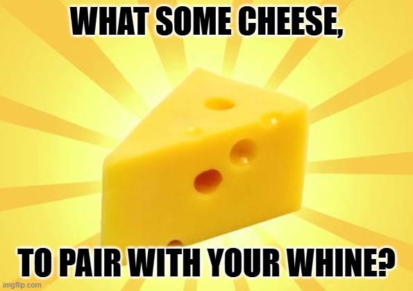 Cheese Time | WHAT SOME CHEESE, TO PAIR WITH YOUR WHINE? | image tagged in cheese time | made w/ Imgflip meme maker