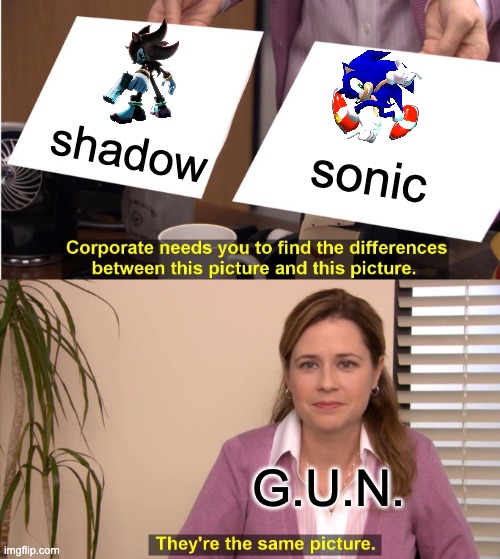 h. u. h | shadow; sonic; G.U.N. | image tagged in memes,they're the same picture | made w/ Imgflip meme maker