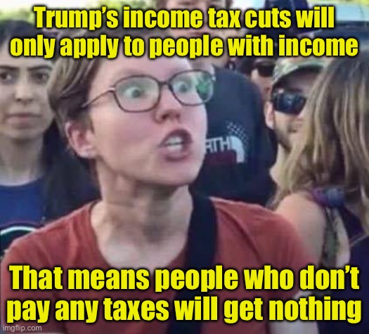 Such an outrage | Trump’s income tax cuts will only apply to people with income; That means people who don’t pay any taxes will get nothing | image tagged in angry liberal,liberal logic,tax cuts | made w/ Imgflip meme maker