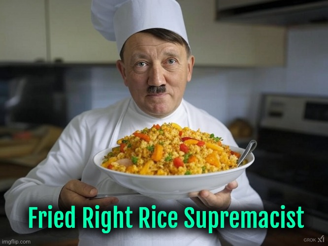 Cooking rice instead of Juice. | Fried Right Rice Supremacist | image tagged in hitler,ai generated | made w/ Imgflip meme maker