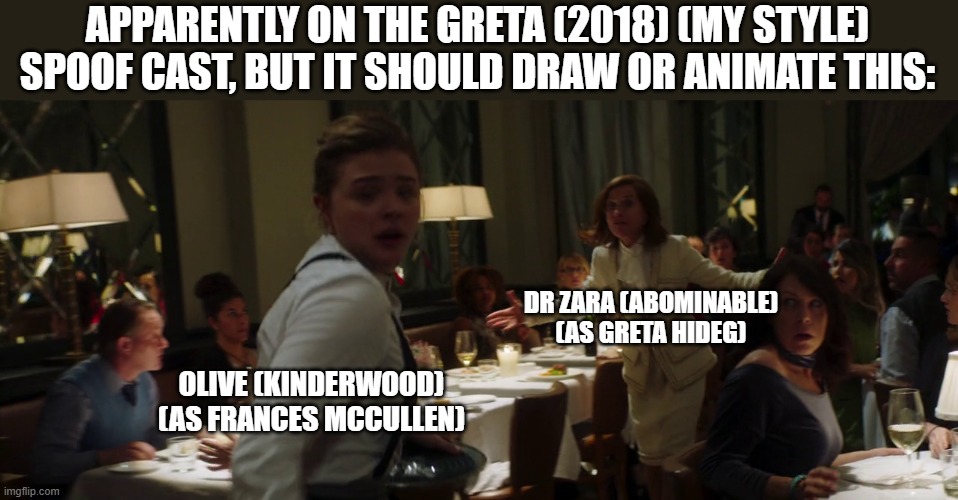 Should Animate/Draw This in Lorick Style Spoof Cast #3 | APPARENTLY ON THE GRETA (2018) (MY STYLE) SPOOF CAST, BUT IT SHOULD DRAW OR ANIMATE THIS:; DR ZARA (ABOMINABLE) (AS GRETA HIDEG); OLIVE (KINDERWOOD) (AS FRANCES MCCULLEN) | image tagged in meme,should animate/draw this in lorick style spoof cast,memes,greta,screenshot,chloe grace moretz | made w/ Imgflip meme maker