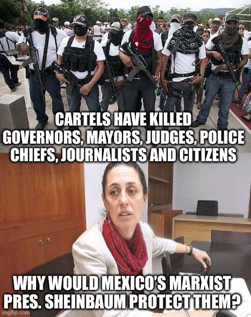 Terrorist organizations by definition. Is Mexico’s economy too dependent on crime? | CARTELS HAVE KILLED GOVERNORS, MAYORS, JUDGES, POLICE CHIEFS, JOURNALISTS AND CITIZENS; WHY WOULD MEXICO’S MARXIST PRES. SHEINBAUM PROTECT THEM? | image tagged in ask the cartel,sra sheinbaum,terrorist | made w/ Imgflip meme maker