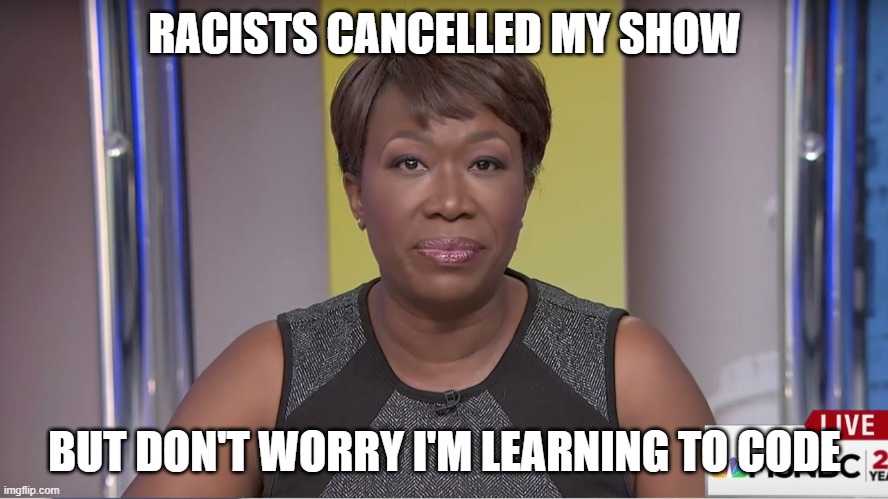 Joy Reid | RACISTS CANCELLED MY SHOW; BUT DON'T WORRY I'M LEARNING TO CODE | image tagged in joy reid | made w/ Imgflip meme maker