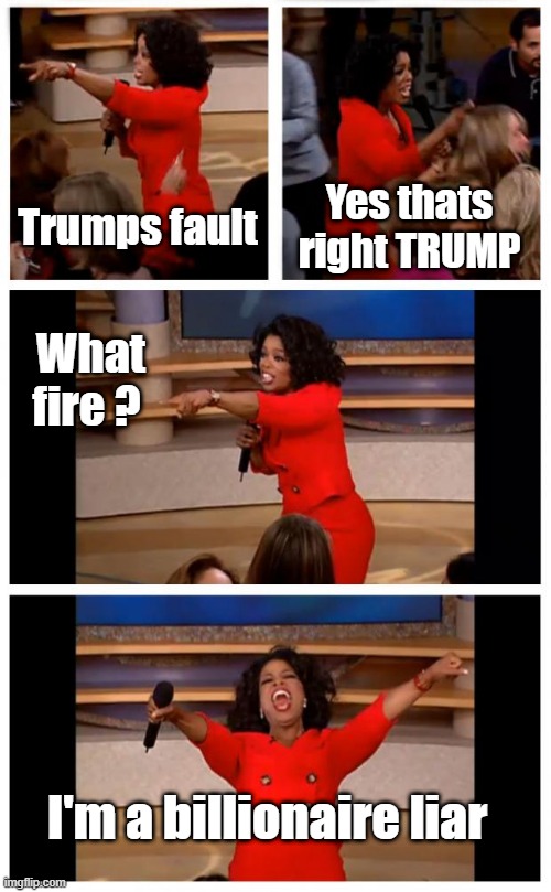 Oprah lies everything she opens her mouth. What blue roof, laser what ? | Trumps fault; Yes thats right TRUMP; What fire ? I'm a billionaire liar | image tagged in memes,oprah you get a car everybody gets a car | made w/ Imgflip meme maker