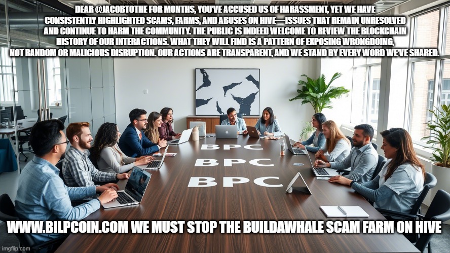 DEAR @JACOBTOTHE FOR MONTHS, YOU’VE ACCUSED US OF HARASSMENT, YET WE HAVE CONSISTENTLY HIGHLIGHTED SCAMS, FARMS, AND ABUSES ON HIVE—ISSUES THAT REMAIN UNRESOLVED AND CONTINUE TO HARM THE COMMUNITY. THE PUBLIC IS INDEED WELCOME TO REVIEW THE BLOCKCHAIN HISTORY OF OUR INTERACTIONS. WHAT THEY WILL FIND IS A PATTERN OF EXPOSING WRONGDOING, NOT RANDOM OR MALICIOUS DISRUPTION. OUR ACTIONS ARE TRANSPARENT, AND WE STAND BY EVERY WORD WE’VE SHARED. WWW.BILPCOIN.COM WE MUST STOP THE BUILDAWHALE SCAM FARM ON HIVE | made w/ Imgflip meme maker
