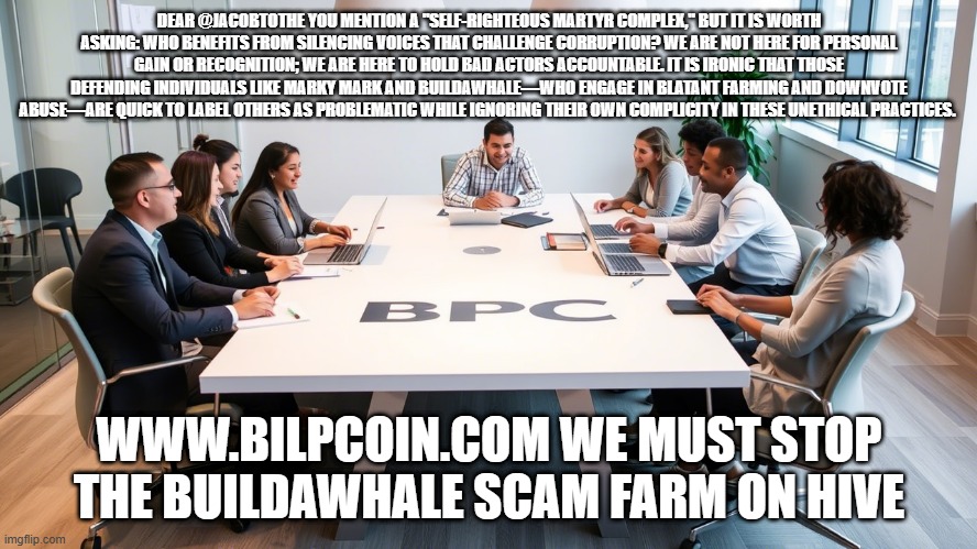 DEAR @JACOBTOTHE YOU MENTION A "SELF-RIGHTEOUS MARTYR COMPLEX," BUT IT IS WORTH ASKING: WHO BENEFITS FROM SILENCING VOICES THAT CHALLENGE CORRUPTION? WE ARE NOT HERE FOR PERSONAL GAIN OR RECOGNITION; WE ARE HERE TO HOLD BAD ACTORS ACCOUNTABLE. IT IS IRONIC THAT THOSE DEFENDING INDIVIDUALS LIKE MARKY MARK AND BUILDAWHALE—WHO ENGAGE IN BLATANT FARMING AND DOWNVOTE ABUSE—ARE QUICK TO LABEL OTHERS AS PROBLEMATIC WHILE IGNORING THEIR OWN COMPLICITY IN THESE UNETHICAL PRACTICES. WWW.BILPCOIN.COM WE MUST STOP THE BUILDAWHALE SCAM FARM ON HIVE | made w/ Imgflip meme maker