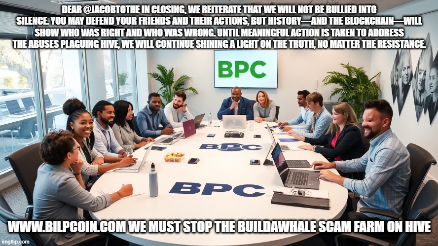 DEAR @JACOBTOTHE IN CLOSING, WE REITERATE THAT WE WILL NOT BE BULLIED INTO SILENCE. YOU MAY DEFEND YOUR FRIENDS AND THEIR ACTIONS, BUT HISTORY—AND THE BLOCKCHAIN—WILL SHOW WHO WAS RIGHT AND WHO WAS WRONG. UNTIL MEANINGFUL ACTION IS TAKEN TO ADDRESS THE ABUSES PLAGUING HIVE, WE WILL CONTINUE SHINING A LIGHT ON THE TRUTH, NO MATTER THE RESISTANCE. WWW.BILPCOIN.COM WE MUST STOP THE BUILDAWHALE SCAM FARM ON HIVE | made w/ Imgflip meme maker