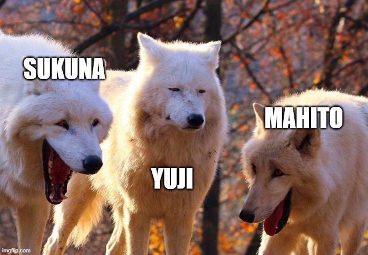 Mem | SUKUNA; MAHITO; YUJI | image tagged in 2/3 wolves laugh | made w/ Imgflip meme maker