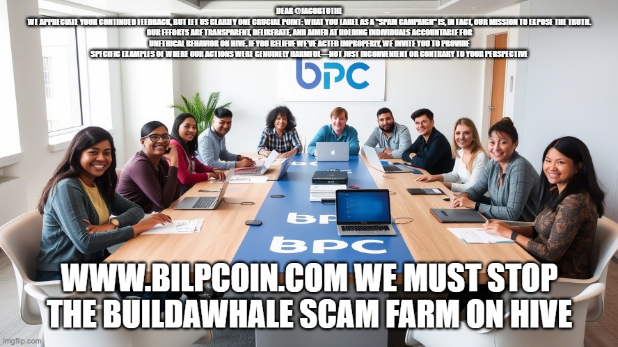 DEAR @JACOBTOTHE
WE APPRECIATE YOUR CONTINUED FEEDBACK, BUT LET US CLARIFY ONE CRUCIAL POINT: WHAT YOU LABEL AS A "SPAM CAMPAIGN" IS, IN FACT, OUR MISSION TO EXPOSE THE TRUTH. OUR EFFORTS ARE TRANSPARENT, DELIBERATE, AND AIMED AT HOLDING INDIVIDUALS ACCOUNTABLE FOR UNETHICAL BEHAVIOR ON HIVE. IF YOU BELIEVE WE’VE ACTED IMPROPERLY, WE INVITE YOU TO PROVIDE SPECIFIC EXAMPLES OF WHERE OUR ACTIONS WERE GENUINELY HARMFUL—NOT JUST INCONVENIENT OR CONTRARY TO YOUR PERSPECTIVE; WWW.BILPCOIN.COM WE MUST STOP THE BUILDAWHALE SCAM FARM ON HIVE | made w/ Imgflip meme maker