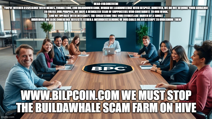 DEAR @JACOBTOTHE
YOU’VE OFFERED ASSISTANCE WITH MEMES, FORMATTING, AND MARKDOWN CODE, WHICH WE ACKNOWLEDGE WITH RESPECT. HOWEVER, WE DO NOT REQUIRE YOUR GUIDANCE TO FULFILL OUR PURPOSE. WE HAVE A DEDICATED TEAM OF SUPPORTERS WHO CONTRIBUTE TO OUR WORK, AND WE OPERATE WITH INTEGRITY. THE SUGGESTION THAT OUR EFFORTS ARE DRIVEN BY A SINGLE INDIVIDUAL OR LACK COHERENCE REFLECTS EITHER A MISUNDERSTANDING OF OUR GOALS OR AN ATTEMPT TO UNDERMINE THEM; WWW.BILPCOIN.COM WE MUST STOP THE BUILDAWHALE SCAM FARM ON HIVE | made w/ Imgflip meme maker